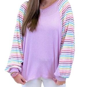 Haptics Pastel Striped Sleeve Waffle Knit Top
